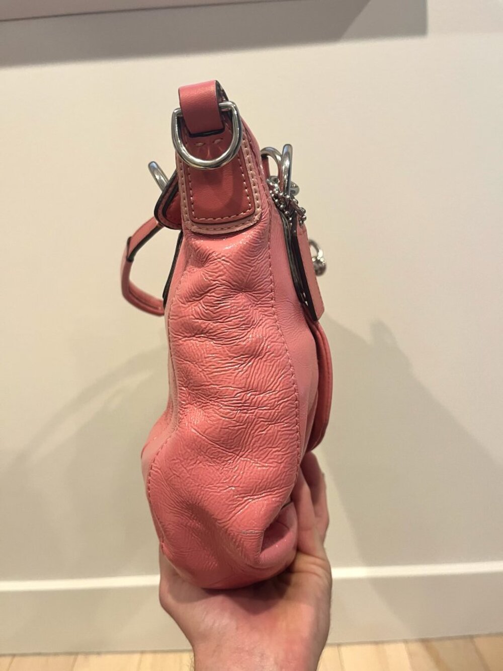 #R62 Vintage Coach Kristin Coral-Pink Patent Leather Satchel - Picture 4 of 15